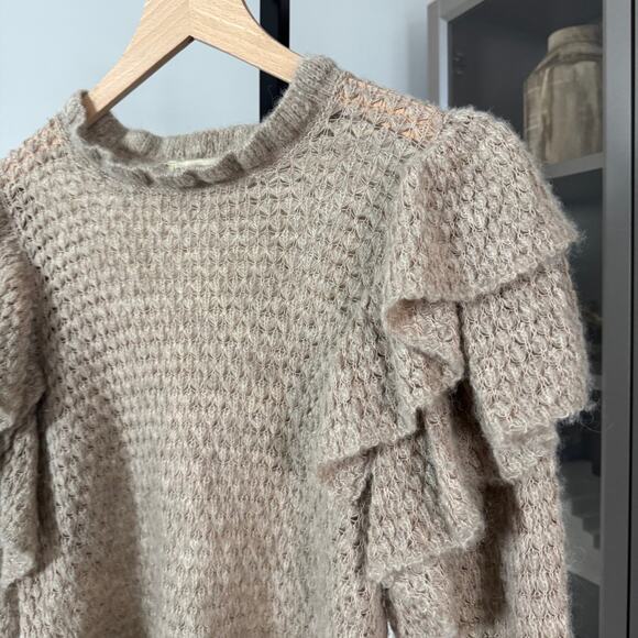 Ulla Johnson Camilla Frill Tan Baby Alpaca Ruffle Shoulder Sweater M Knit Top - Picture 3 of 7